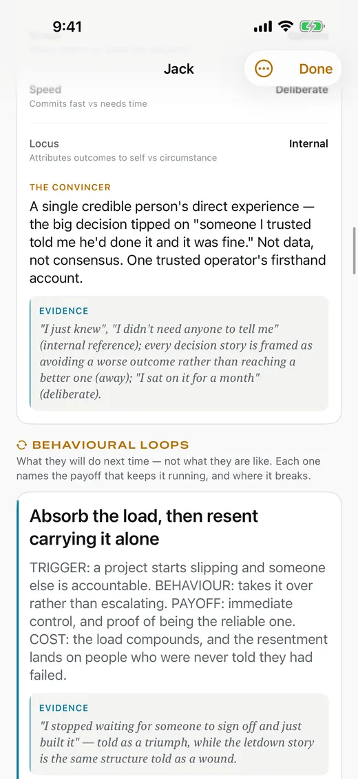 The behavioural loops section of a report