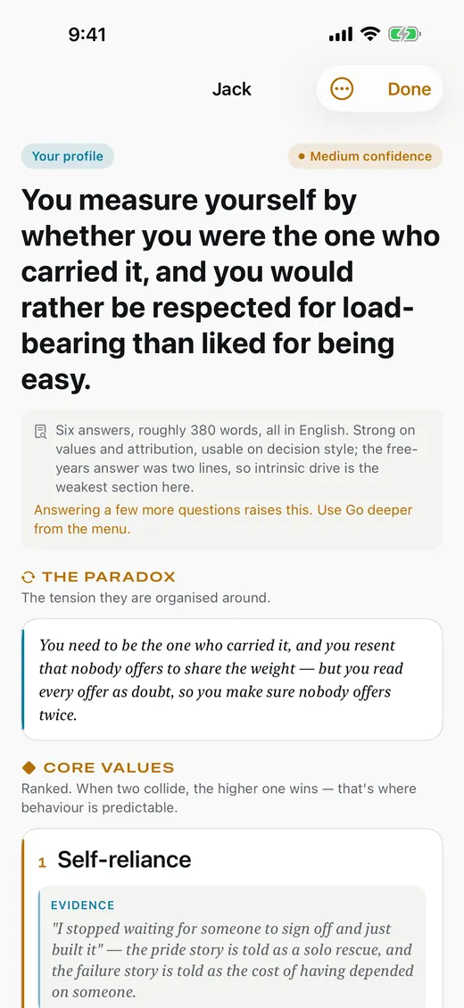 A profile report showing the paradox and core values with quoted evidence